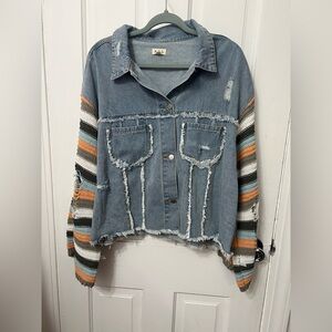 POL Crochet Sleeve Bohemian Denim Relaxed Fit Lightweight Distressed Jacket